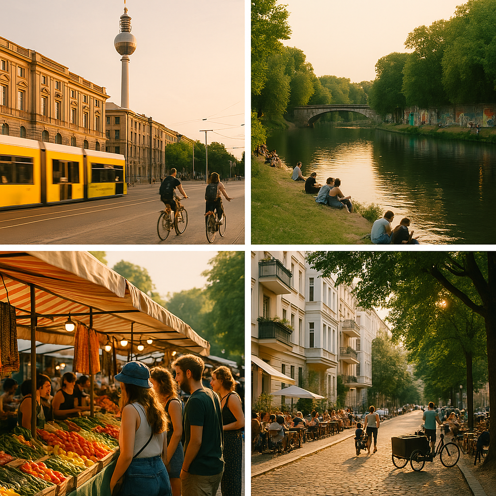 Max file size: 1.5mb! Photorealistic editorial travel photograph for Berlin Stadtblicke: a seamless quad-split